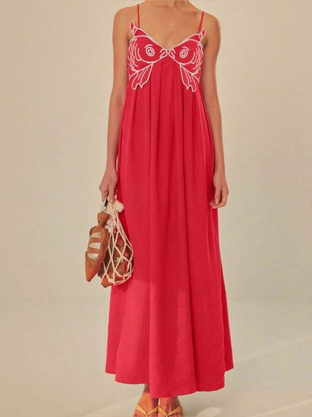 Red Maxi Dress with White Embroidered Detail